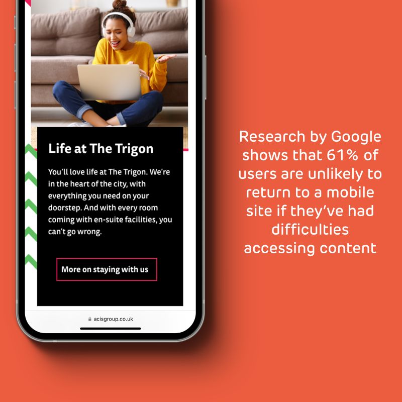 Mobile phone with message; research by Google shows 61% of users are unlikely to return to a mobile website if they had difficulties