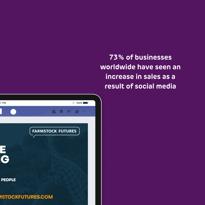 Ipad with a message inside: 73% of business have seen an increase in sales as a result of social media